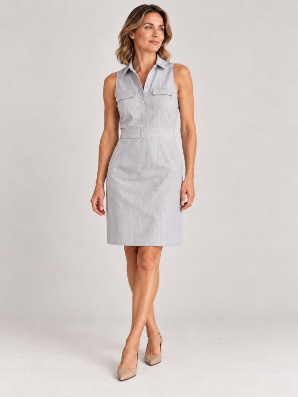 Ann Taylor Gray White Pinstripe Sleeveless Shirt Dress Tailored Career Size 6